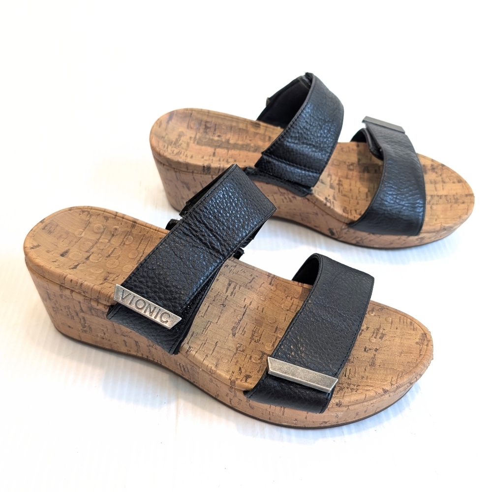 VIONIC Pepper Women's Black Double Strap Platform Wedge Slide Sandals Size 9